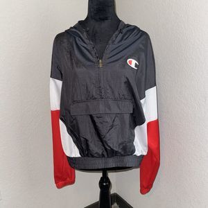 Champion Windbreaker Track Jacket Women's Large Red Black Kangaroo Pocket Hooded